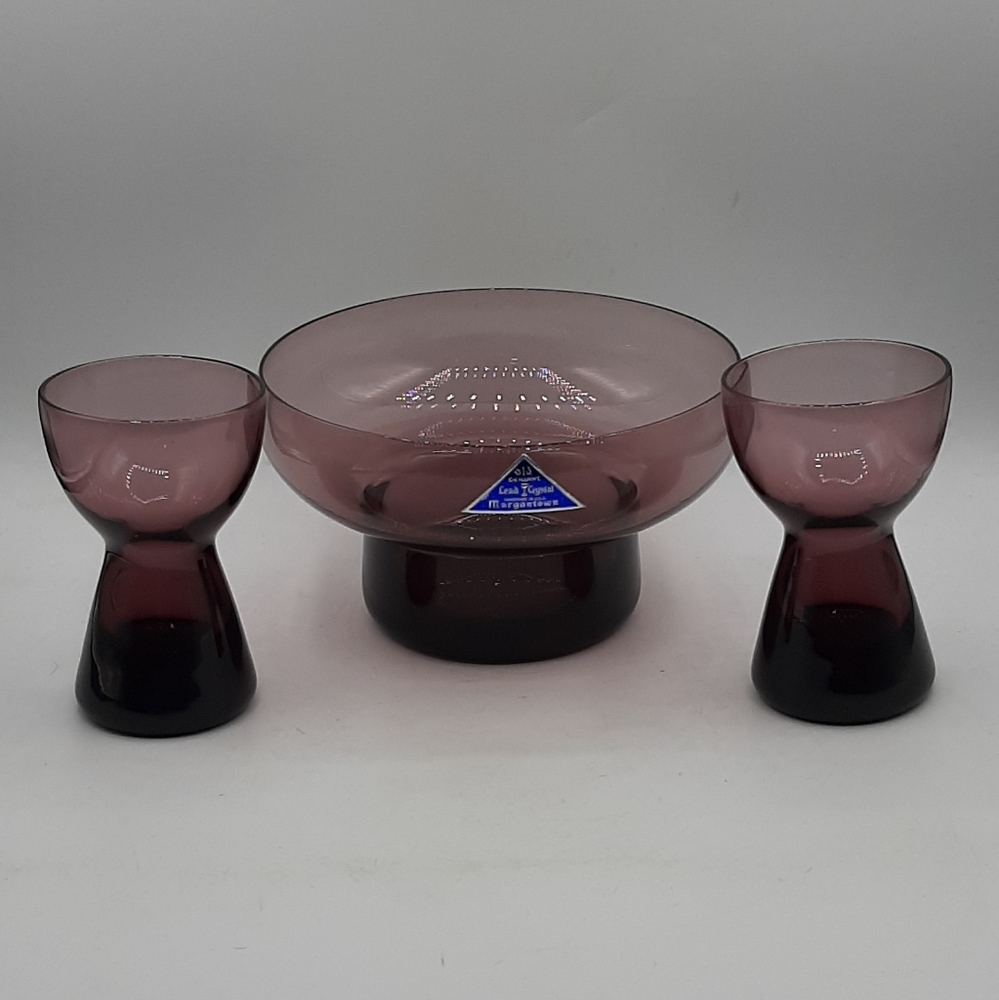 Vintage Morgantown Purple Amethyst Lead Crystal Candle Stick Holders & Vase USA